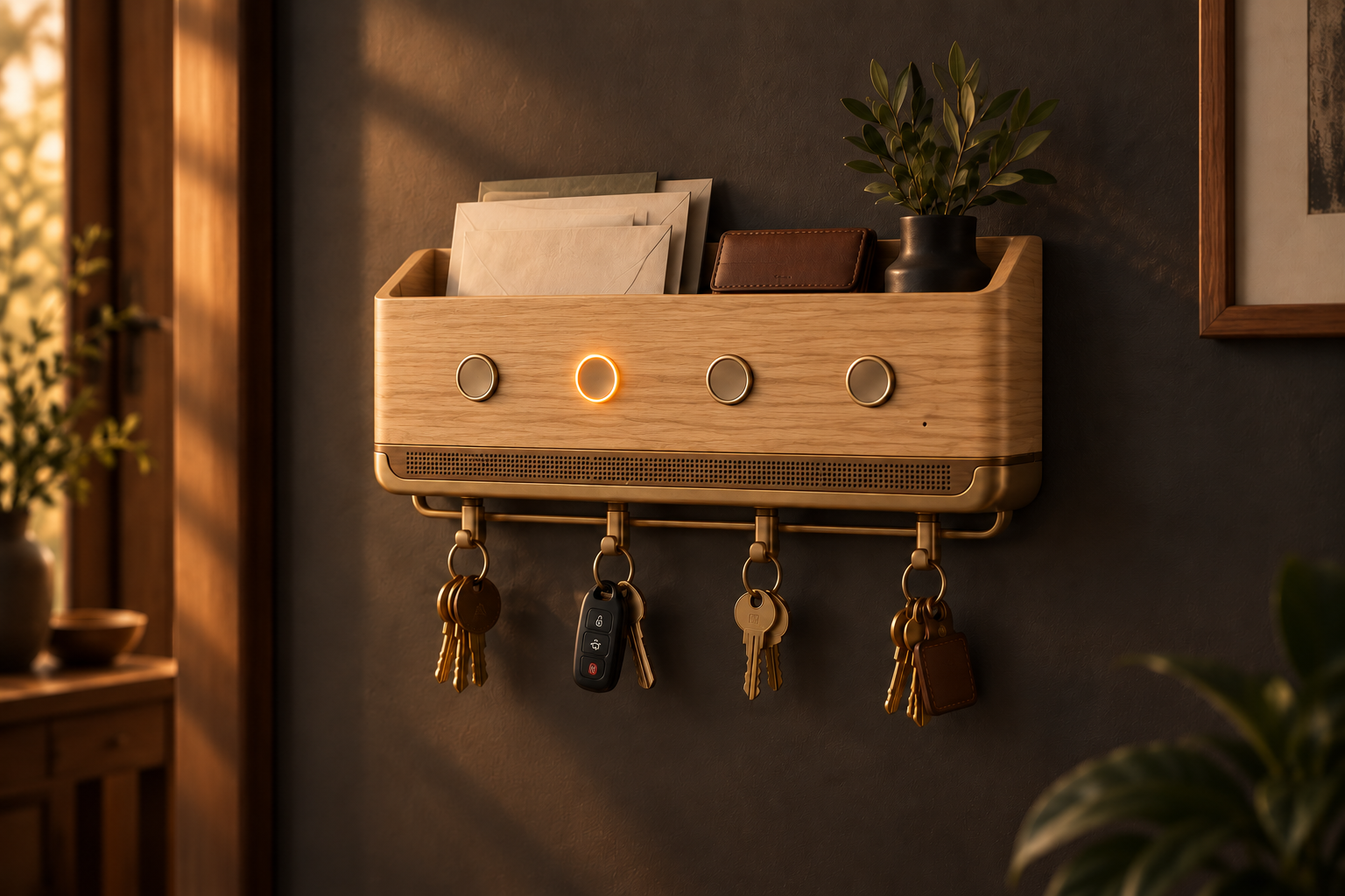 Complete light oak Rema finish concept with four message buttons and four key hooks