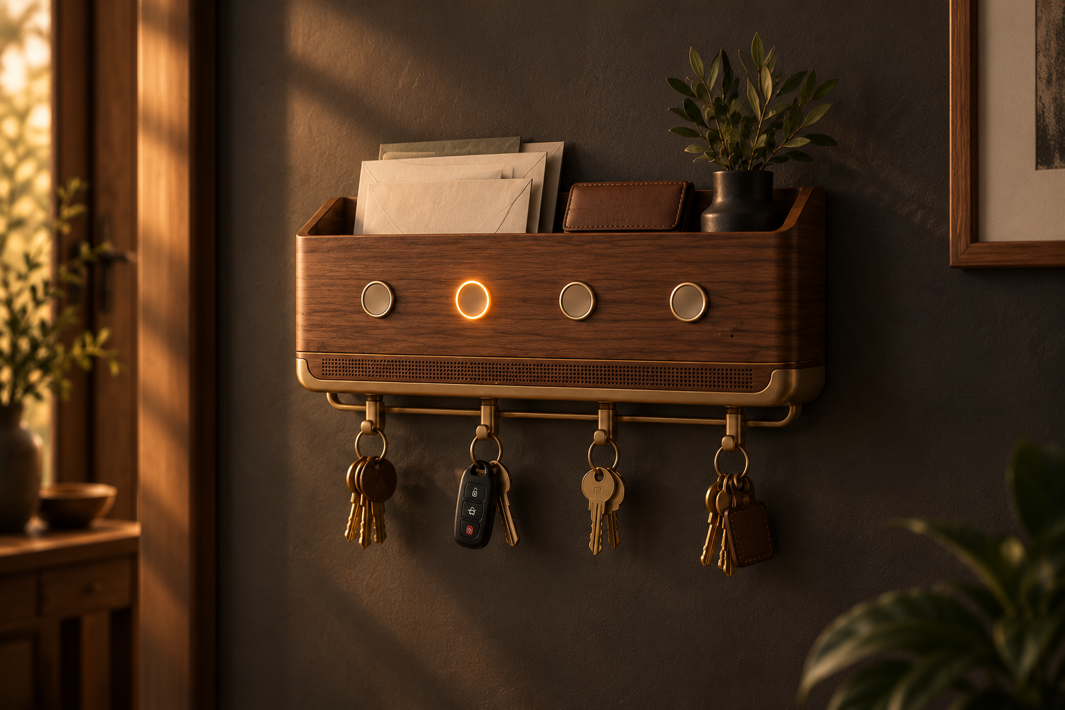 Complete warm walnut Rema finish concept with four message buttons and four key hooks
