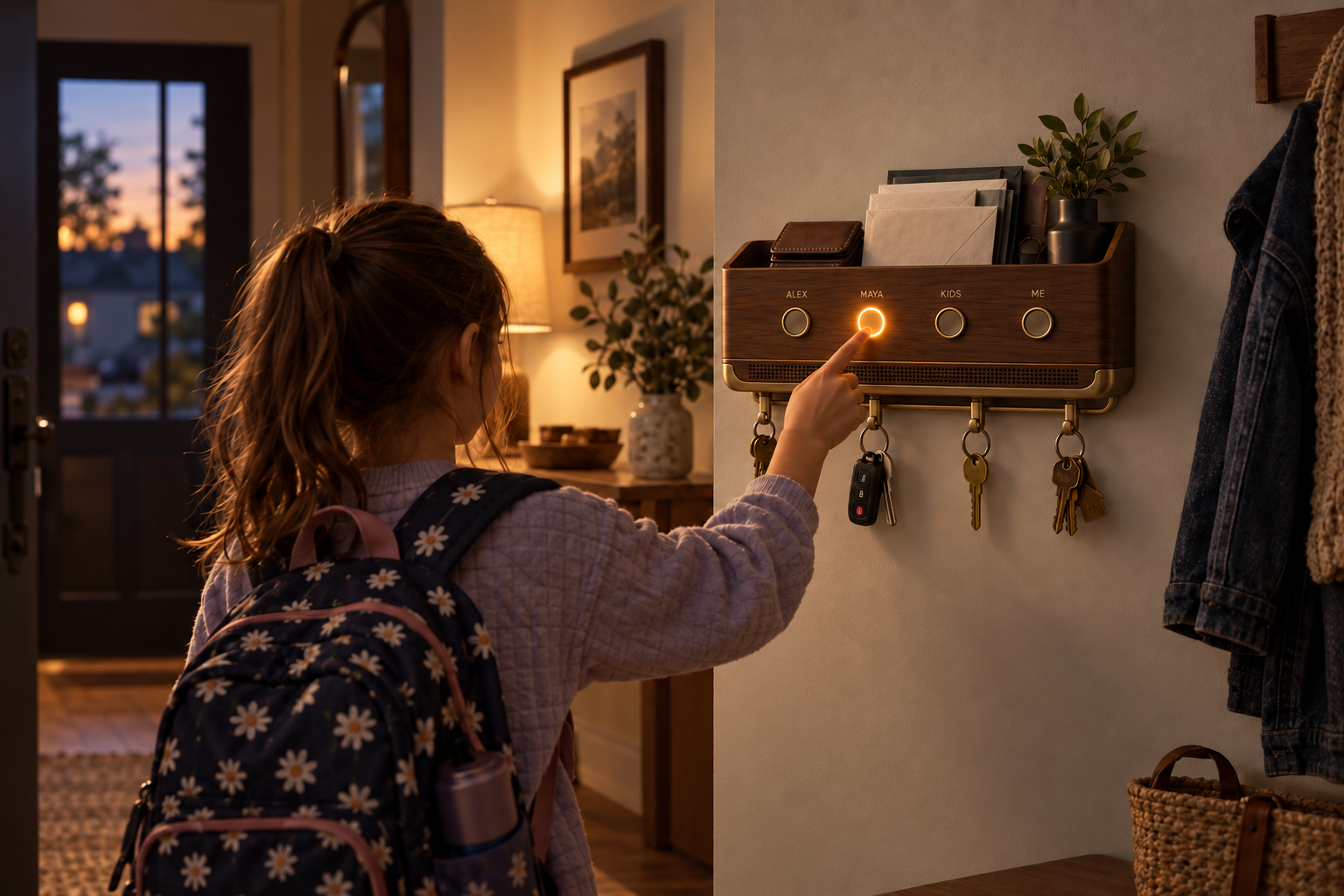 Child pressing the glowing second button on the dark walnut Rema after arriving home